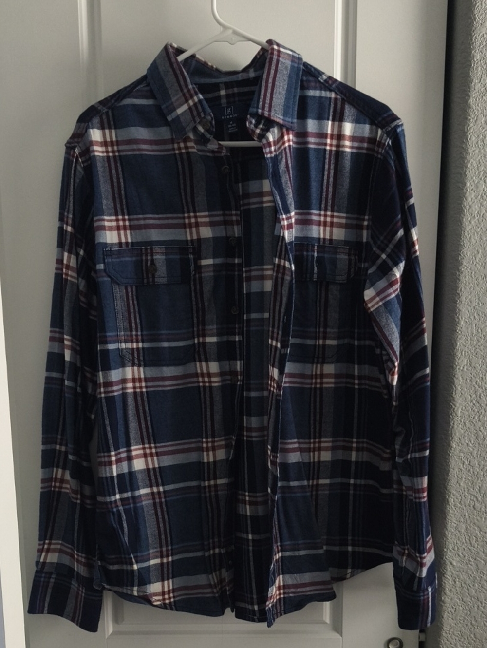 George Blue and White Plaid Button-Down Shirt with Red Accents